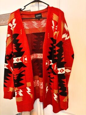 Red Aztec Open-Front Cardigan Sweater